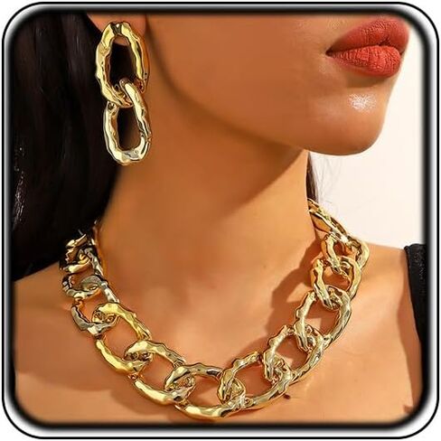 Plastic Chunky Gold Choker Necklace Earrings Set for Women Thick Golden Cuba Link Chain Big Accessories Jewelry Sets Fashion Hip Hop Necklaces Drop Dangle Earring in Kuwait