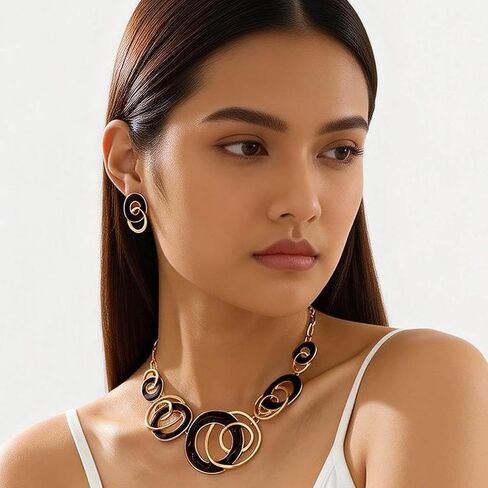 Foyte Gold Black Necklace Jewelry Set Irregular Pendant Necklace Chunky Vintage Necklace and Earring for Women in Saudi Arabia