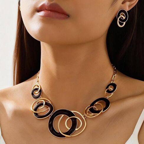 Foyte Gold Black Necklace Jewelry Set Irregular Pendant Necklace Chunky Vintage Necklace and Earring for Women in Saudi Arabia