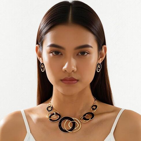 Foyte Gold Black Necklace Jewelry Set Irregular Pendant Necklace Chunky Vintage Necklace and Earring for Women in Saudi Arabia