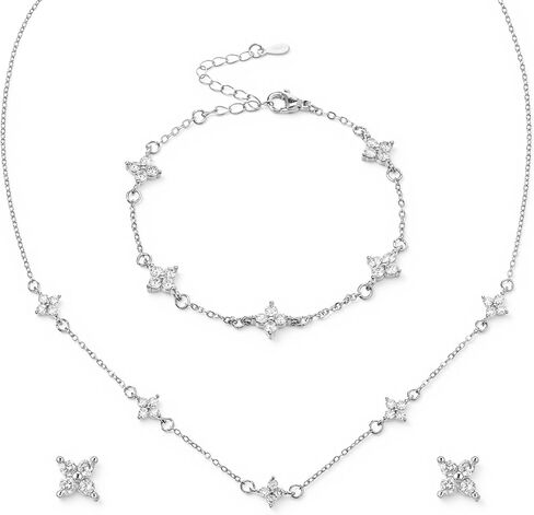 Yolev Silver Jewelry Set for Women Dainty CZ Flowers Bracelet Earring and Necklace Set Elegant Jewelry Bride Stack Jewelry Set for Wedding Day Prom Brides Gifts in Kuwait