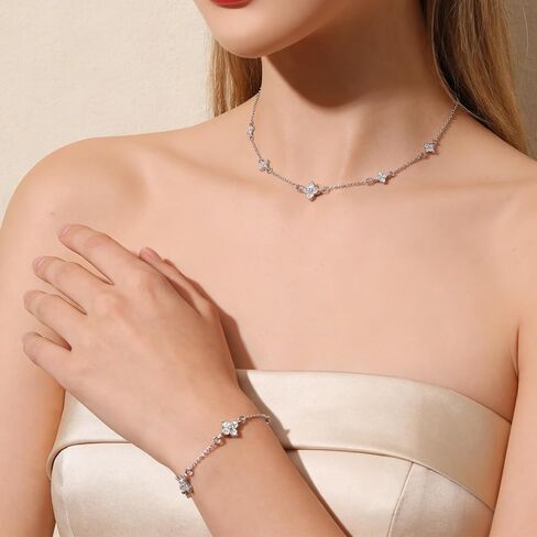 Yolev Silver Jewelry Set for Women Dainty CZ Flowers Bracelet Earring and Necklace Set Elegant Jewelry Bride Stack Jewelry Set for Wedding Day Prom Brides Gifts in Kuwait