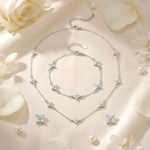 Yolev Silver Jewelry Set for Women Dainty CZ Flowers Bracelet Earring and Necklace Set Elegant Jewelry Bride Stack Jewelry Set for Wedding Day Prom Brides Gifts in Kuwait