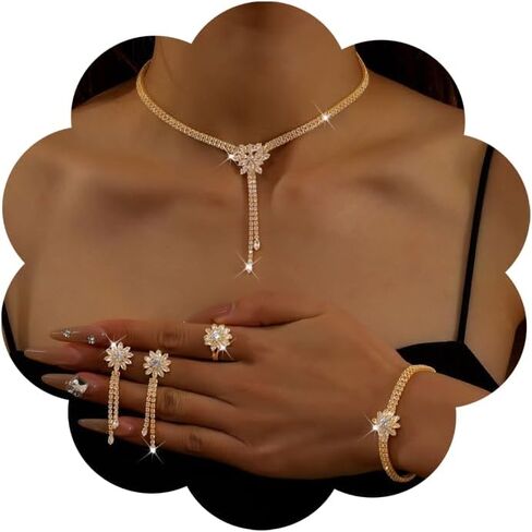 Rhinestone Jewelry Set for Women Crystal Necklace Earrings Bracelet Ring Suitable for Weddings Balls Banquets Jewelry in Saudi Arabia