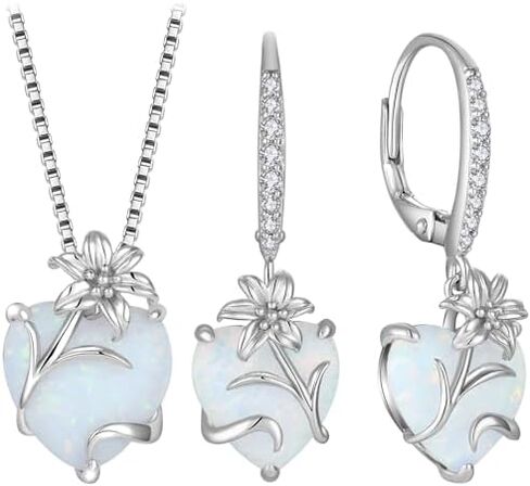 YL Heart Pendant Necklace for Women 925 Sterling Silver Lily Dangle Earrings Created White Opal Flower Jewelry Set in Kuwait