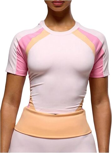 Floerns Women's Color Block Workout Top Summer Short Sleeve Crew Neck Athletic Gym Running Shirts in Kuwait
