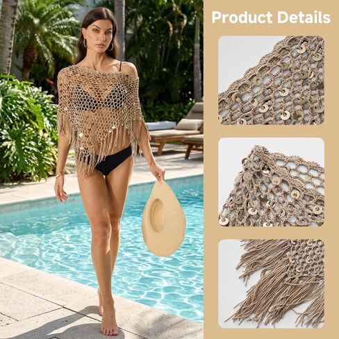 MELTIN Women's Crochet Cover Up Plus Size & Standard Bohemian Off Shoulder Beach Poncho with Sequins Tassels Swimsuit Wrap 2026 in Kuwait