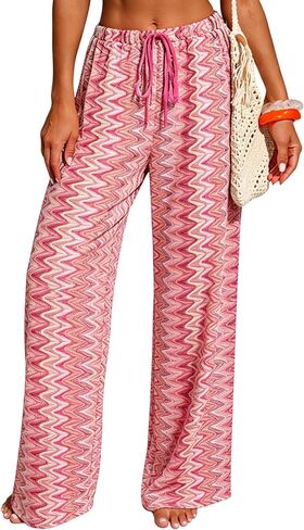 ZAFUL Womens Beach Cover Up Pants Sexy Crochet Drawstring Elastic Boho Swimsuit Cover Up Long Pants Beach Wear Colorful Pink S in Kuwait