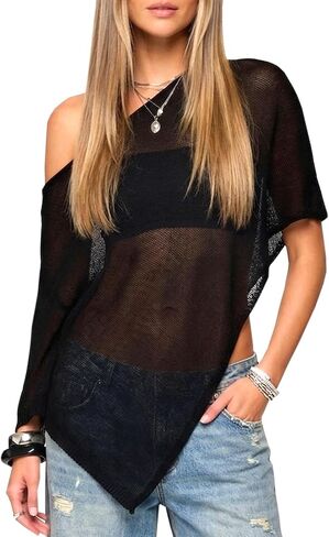 Navneet Women Sheer Knit Poncho Top Off Shoulder See Through Shawl Summer Shrug Asymmetrical Cover Up for Beach Festivals in Saudi Arabia