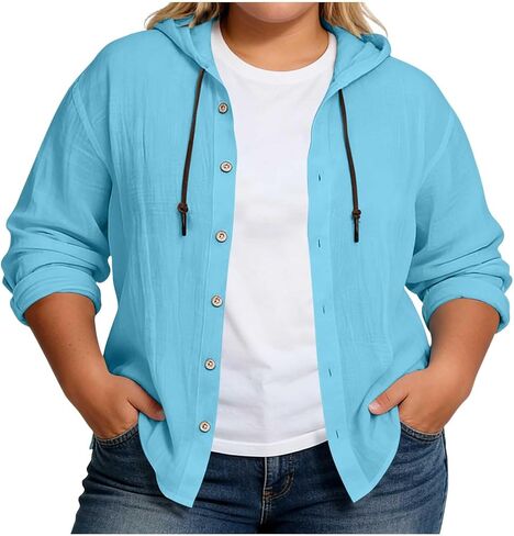 Plus Size Cotton Linen Hoodies for Women Button Down Long Sleeve Gauze Shirts Lightweight Swimsuit Beach Coverups in Kuwait