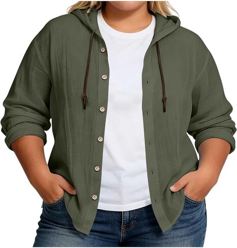 Womens Cotton Linen Hoodie Plus Size Long Sleeve Button Down Shirts Lightweight Hooded Cardigans Beach Cover Ups in Kuwait