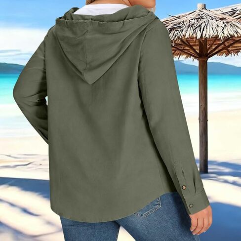 Womens Cotton Linen Hoodie Plus Size Long Sleeve Button Down Shirts Lightweight Hooded Cardigans Beach Cover Ups in Kuwait