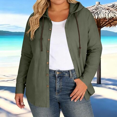 Womens Cotton Linen Hoodie Plus Size Long Sleeve Button Down Shirts Lightweight Hooded Cardigans Beach Cover Ups in Kuwait