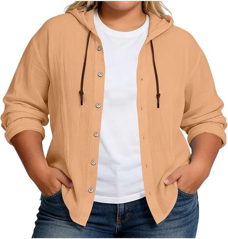 Womens Cotton Linen Hoodie Plus Size Long Sleeve Button Down Shirts Lightweight Hooded Cardigans Beach Cover Ups in Kuwait