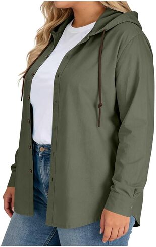 Womens Cotton Linen Hoodie Plus Size Long Sleeve Button Down Shirts Lightweight Hooded Cardigans Beach Cover Ups in Kuwait