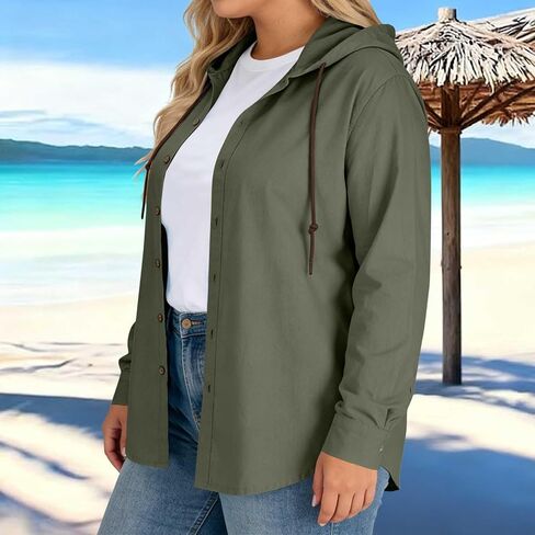 Womens Cotton Linen Hoodie Plus Size Long Sleeve Button Down Shirts Lightweight Hooded Cardigans Beach Cover Ups in Kuwait
