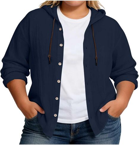 Womens Cotton Linen Hoodie Plus Size Long Sleeve Button Down Shirts Lightweight Hooded Cardigans Beach Cover Ups in Kuwait