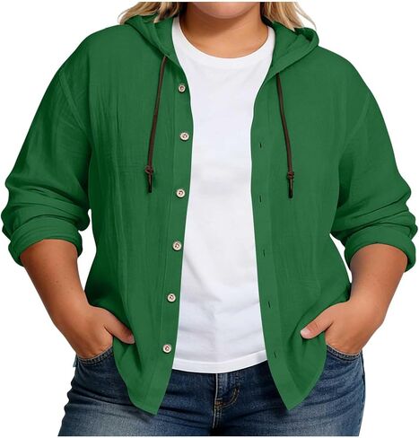 Womens Cotton Linen Hoodie Plus Size Long Sleeve Button Down Shirts Lightweight Hooded Cardigans Beach Cover Ups in Kuwait