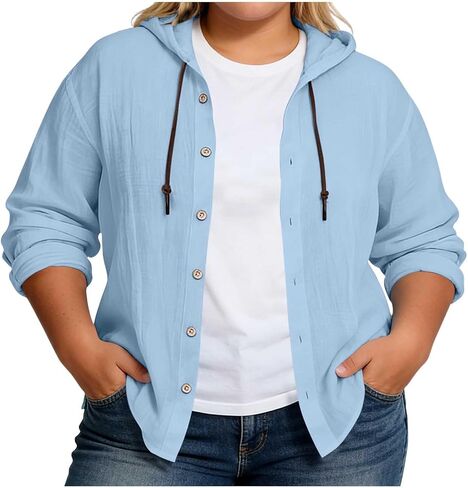 Womens Cotton Linen Hoodie Plus Size Long Sleeve Button Down Shirts Lightweight Hooded Cardigans Beach Cover Ups in Kuwait