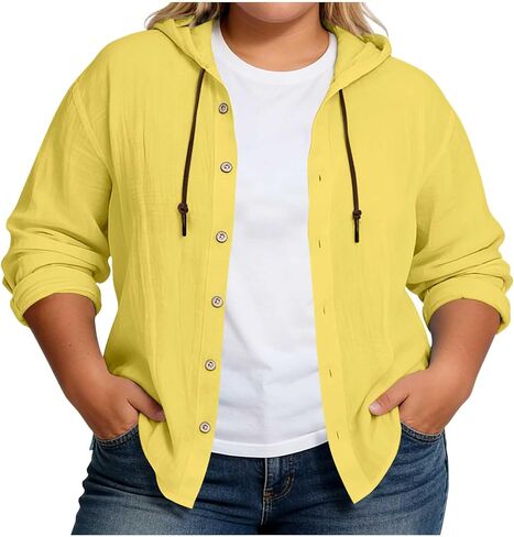 Womens Cotton Linen Hoodie Plus Size Long Sleeve Button Down Shirts Lightweight Hooded Cardigans Beach Cover Ups in Kuwait