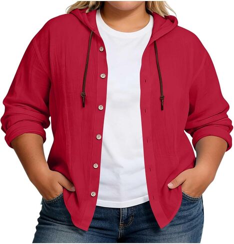 Womens Cotton Linen Hoodie Plus Size Long Sleeve Button Down Shirts Lightweight Hooded Cardigans Beach Cover Ups in Kuwait
