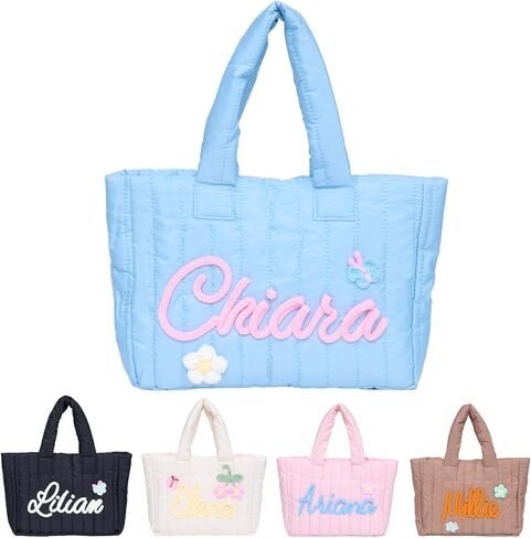 Personalized Tote Bag for Women Girls, Custom Shoulder Bag with Name, Lightweight Embroidered Kids Bag for Shopping Travel, Monogram Toddler Quilted Purse, Ideal Gifts for Birthday Bridesmaid in Saudi Arabia