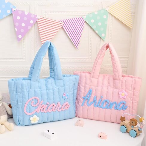 Personalized Tote Bag for Women Girls, Custom Shoulder Bag with Name, Lightweight Embroidered Kids Bag for Shopping Travel, Monogram Toddler Quilted Purse, Ideal Gifts for Birthday Bridesmaid in Saudi Arabia