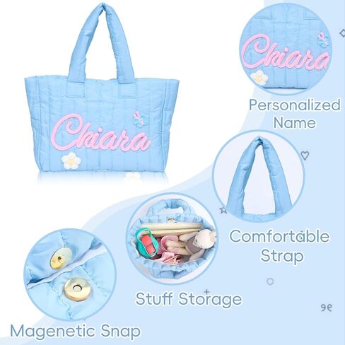 Personalized Tote Bag for Women Girls, Custom Shoulder Bag with Name, Lightweight Embroidered Kids Bag for Shopping Travel, Monogram Toddler Quilted Purse, Ideal Gifts for Birthday Bridesmaid in Saudi Arabia