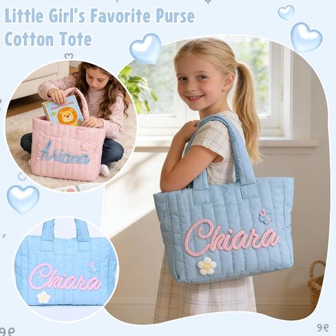Personalized Tote Bag for Women Girls, Custom Shoulder Bag with Name, Lightweight Embroidered Kids Bag for Shopping Travel, Monogram Toddler Quilted Purse, Ideal Gifts for Birthday Bridesmaid in Saudi Arabia
