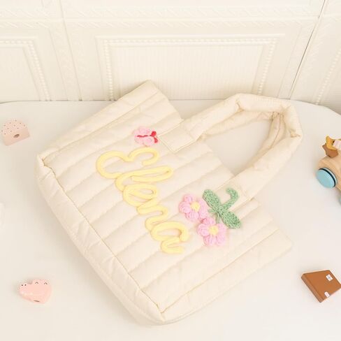 Personalized Tote Bag for Women Girls, Custom Shoulder Bag with Name, Lightweight Embroidered Kids Bag for Shopping Travel, Monogram Toddler Quilted Purse, Ideal Gifts for Birthday Bridesmaid in Saudi Arabia