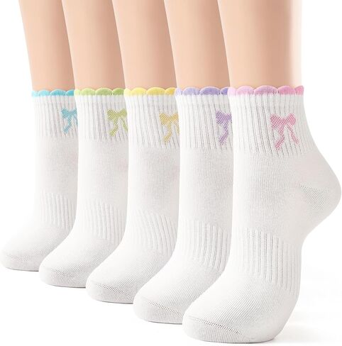 Jeasona Cutecore Bow Socks for Women, Cute Ruffle Ankle Crew Girls Socks, Frilly Kawaii Bows Aesthetic Soft Cotton Pink White Ruffle Bows Short Balletcore Sock for Mary Janes, 5 Pairs Size 5-8 in Kuwait