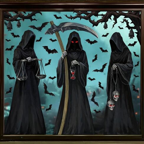 Halloween Decorations Window Clings Decor, 3 Sheets Large Realistic Grim Reaper Bats Silhouette Halloween Decals Cling Indoor Scary Creepy Style School Home Office Party Supplies in Saudi Arabia