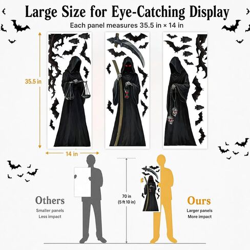 Halloween Decorations Window Clings Decor, 3 Sheets Large Realistic Grim Reaper Bats Silhouette Halloween Decals Cling Indoor Scary Creepy Style School Home Office Party Supplies in Saudi Arabia