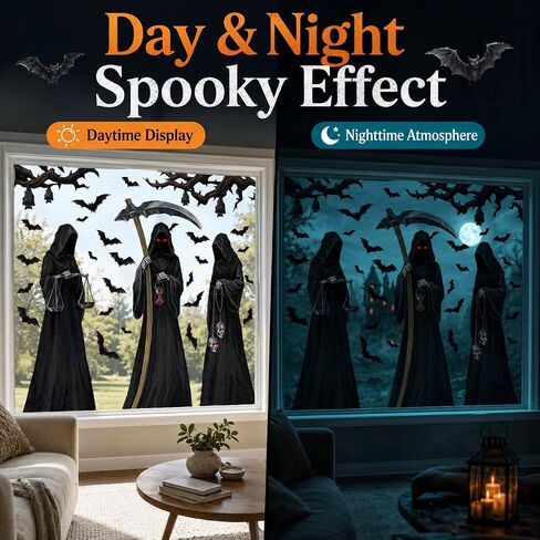 Halloween Decorations Window Clings Decor, 3 Sheets Large Realistic Grim Reaper Bats Silhouette Halloween Decals Cling Indoor Scary Creepy Style School Home Office Party Supplies in Saudi Arabia