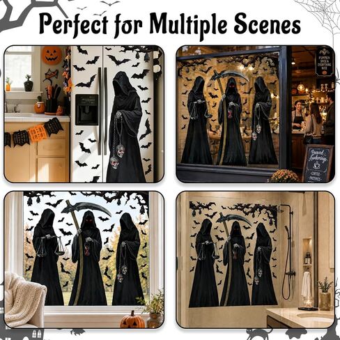 Halloween Decorations Window Clings Decor, 3 Sheets Large Realistic Grim Reaper Bats Silhouette Halloween Decals Cling Indoor Scary Creepy Style School Home Office Party Supplies in Saudi Arabia