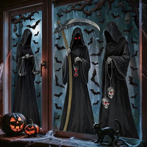 Halloween Decorations Window Clings Decor, 3 Sheets Large Realistic Grim Reaper Bats Silhouette Halloween Decals Cling Indoor Scary Creepy Style School Home Office Party Supplies in Saudi Arabia