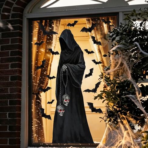 Halloween Decorations Window Clings Decor, 3 Sheets Large Realistic Grim Reaper Bats Silhouette Halloween Decals Cling Indoor Scary Creepy Style School Home Office Party Supplies in Saudi Arabia