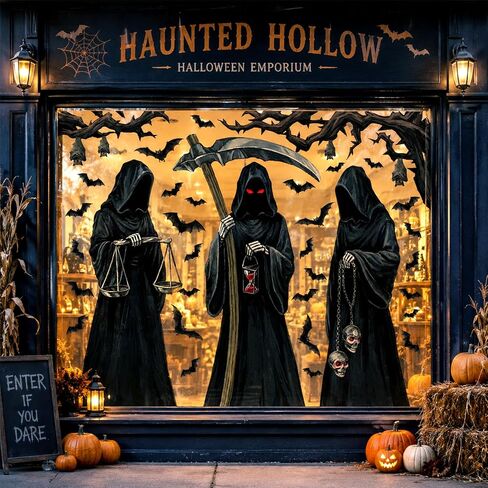 Halloween Decorations Window Clings Decor, 3 Sheets Large Realistic Grim Reaper Bats Silhouette Halloween Decals Cling Indoor Scary Creepy Style School Home Office Party Supplies in Saudi Arabia
