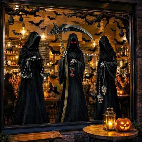 Halloween Decorations Window Clings Decor, 3 Sheets Large Realistic Grim Reaper Bats Silhouette Halloween Decals Cling Indoor Scary Creepy Style School Home Office Party Supplies in Saudi Arabia