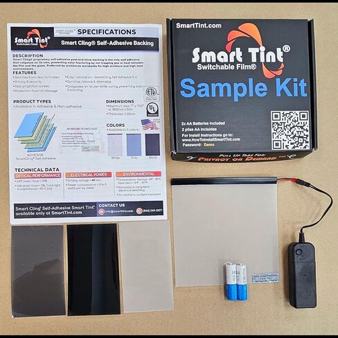 6" x 8" Smart Tint PDLC Smart Film, with 2 Additional Color swatches, Switchable Adhesive Privacy Smart Glass Film, Smart Tint Window, Electric Frosted, Clear to Opaque, Home, Office, ETL Listed, UL in Saudi Arabia