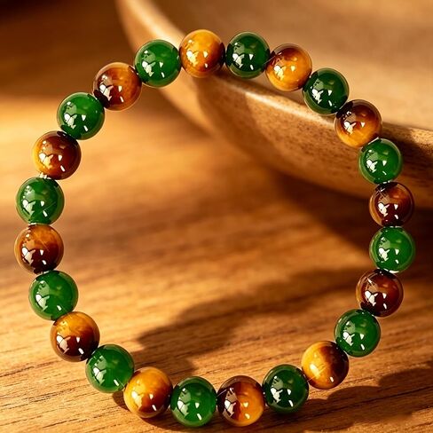 Handmade Natural Gemstone Stretch for Women and Men, Elastic Beaded Spiritual Bracelets Tiger-eye and Green Crystal Bracelet for Wealth Lucky Charm Fashion Accessory Birthday Jewelry Gifts in Kuwait