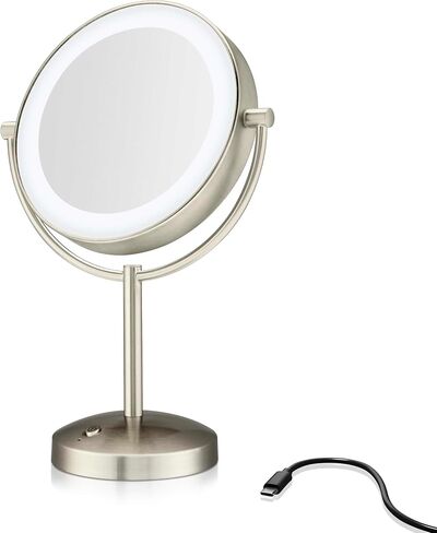 Conair Lighted Makeup Mirror, Double-Sided LED Vanity Mirror with 1X/10X Magnification, 3 Light Settings, 3 Modes, 360° Rotation, Satin Nickel Finish in Saudi Arabia
