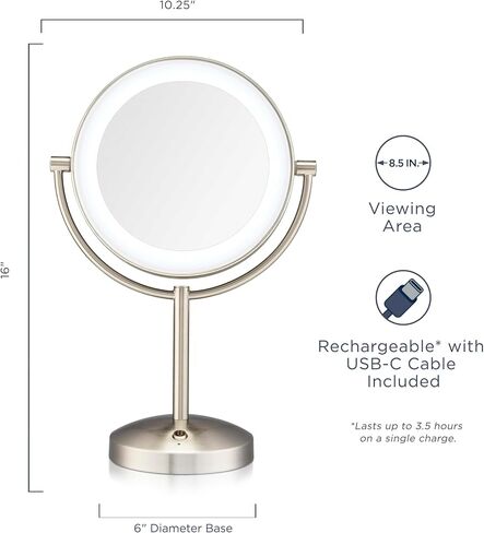 Conair Lighted Makeup Mirror, Double-Sided LED Vanity Mirror with 1X/10X Magnification, 3 Light Settings, 3 Modes, 360° Rotation, Satin Nickel Finish in Saudi Arabia