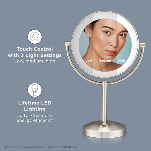 Conair Lighted Makeup Mirror, Double-Sided LED Vanity Mirror with 1X/10X Magnification, 3 Light Settings, 3 Modes, 360° Rotation, Satin Nickel Finish in Saudi Arabia