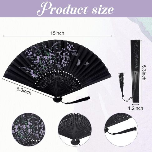 Elegant Hand Fan Foldable, Black Folding Hand Classic Style Fan Fabric Floral Fabric with Tassel and Pouch, Vintage Asian Style Portable Fans for Women, Wedding, Dance, Party and Home Decoration in Saudi Arabia