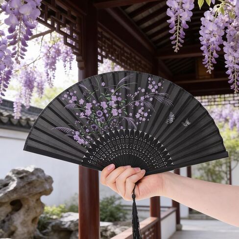 Elegant Hand Fan Foldable, Black Folding Hand Classic Style Fan Fabric Floral Fabric with Tassel and Pouch, Vintage Asian Style Portable Fans for Women, Wedding, Dance, Party and Home Decoration in Saudi Arabia