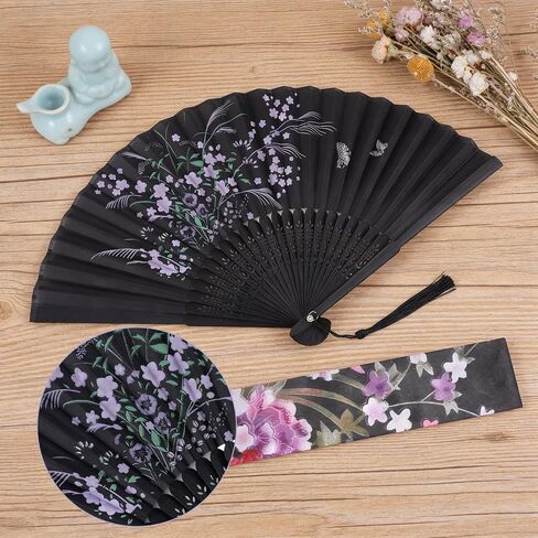 Elegant Hand Fan Foldable, Black Folding Hand Classic Style Fan Fabric Floral Fabric with Tassel and Pouch, Vintage Asian Style Portable Fans for Women, Wedding, Dance, Party and Home Decoration in Saudi Arabia