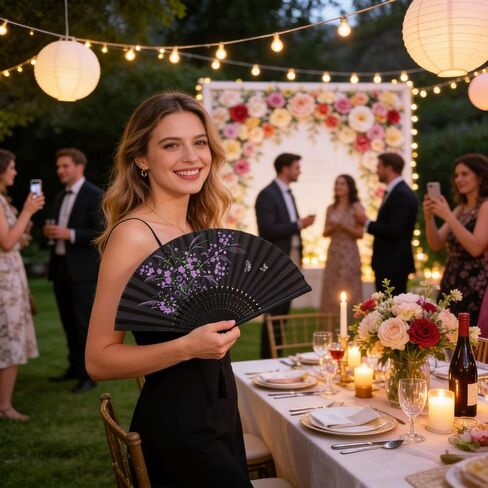 Elegant Hand Fan Foldable, Black Folding Hand Classic Style Fan Fabric Floral Fabric with Tassel and Pouch, Vintage Asian Style Portable Fans for Women, Wedding, Dance, Party and Home Decoration in Saudi Arabia