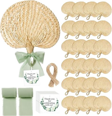 24 Sets Woven Palm Hand Fans Wedding Favors with Thank You Tags and Sage Green Ribbon Rustic Boho Natural Handmade Raffia Fans for Bridal Shower Baby Shower Summer Party Ceremony Decorations in Saudi Arabia
