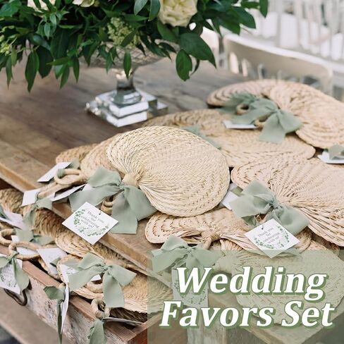 24 Sets Woven Palm Hand Fans Wedding Favors with Thank You Tags and Sage Green Ribbon Rustic Boho Natural Handmade Raffia Fans for Bridal Shower Baby Shower Summer Party Ceremony Decorations in Saudi Arabia